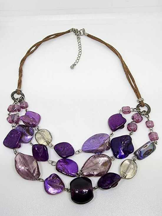 Fashion Jewelry Jewelry - Purple Glass and Abalone Mother-of-Pearl Triple Strand Leather Chain Necklace